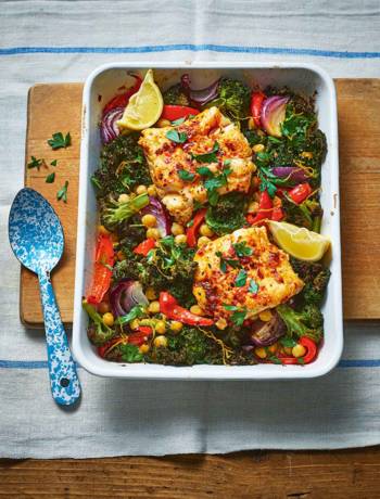 Harissa cod, chickpea and kale bake