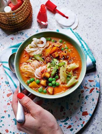Sticky gochujang and roasted squash noodle soup 