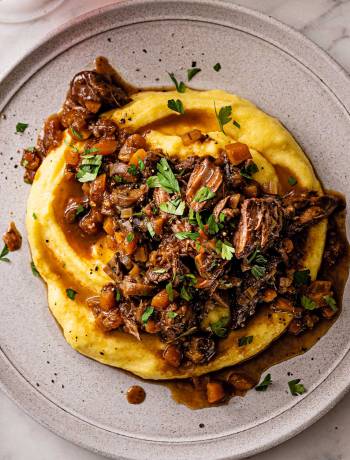 Slow-cooked beef shin with creamed polenta