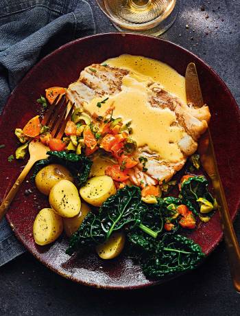 Seared cod, clementine Maltaise sauce and olive salsa