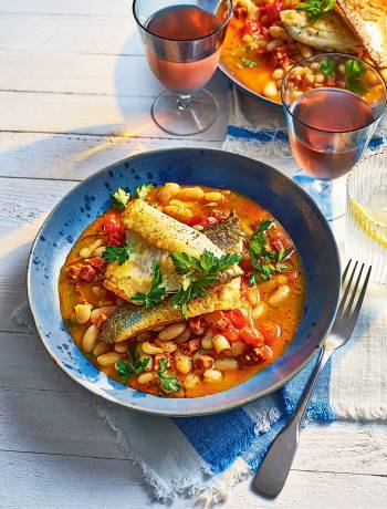 Sea bass, chorizo and cannellini beans