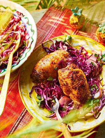 Sorrel and ginger chicken thighs with herby slaw