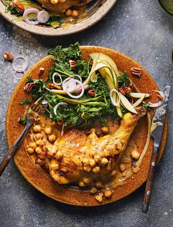 Cider-braised chicken with kale and pear salad