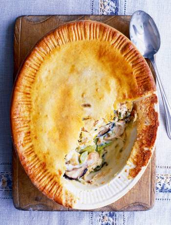 Hot-water crust chicken, leek and shiitake pie