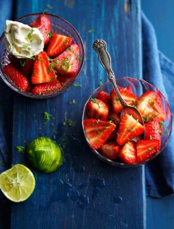 Lime and mint marinated strawberries with rum and coconut cream