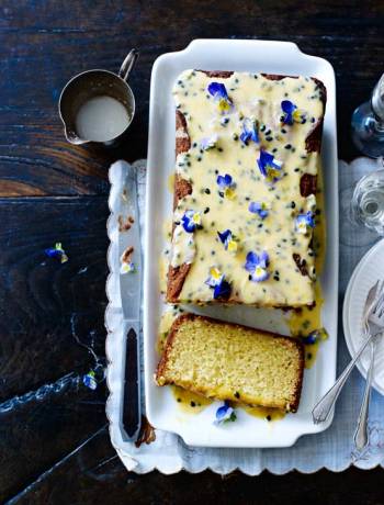 White chocolate loaf cake with passion fruit drizzle 