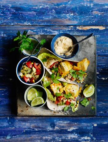 Beer-battered tofu tacos with a chipotle cashew ‘soured cream’