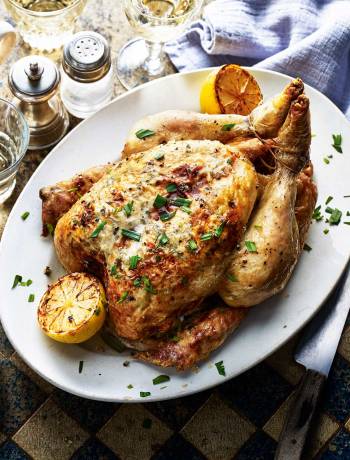 Roast chicken stuffed with lemony goats’ cheese and tarragon
