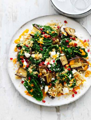 Feta, aubergine, pomegranate and harissa salad