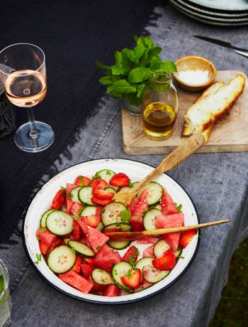 John Whaite's watermelon, cucumber and strawberry salad with gin splash