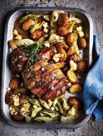 Spring roast lamb with leeks and Caerphilly  