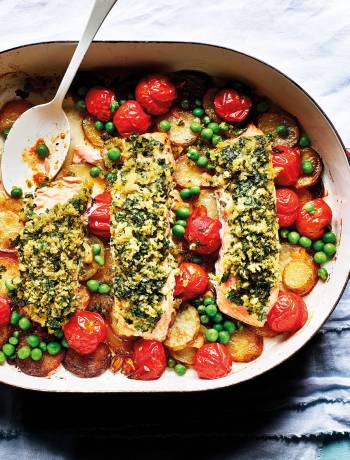 Jalapeno-crusted salmon traybake