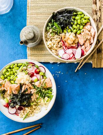 Salmon, egg and brown rice bowls