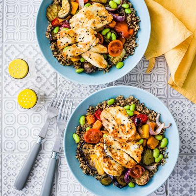 Halloumi and rainbow veg grain bowl