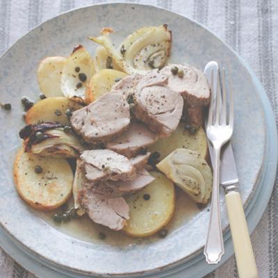 Roast pork with potatoes, lemon, fennel & capers