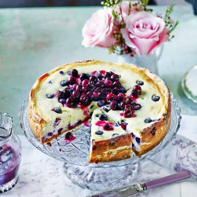 Baked blueberry cheesecake with blueberry compote