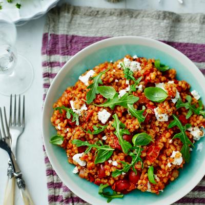 Tomato and pearl barley risotto with feta