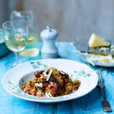 Portobello mushroom and bacon barley risotto