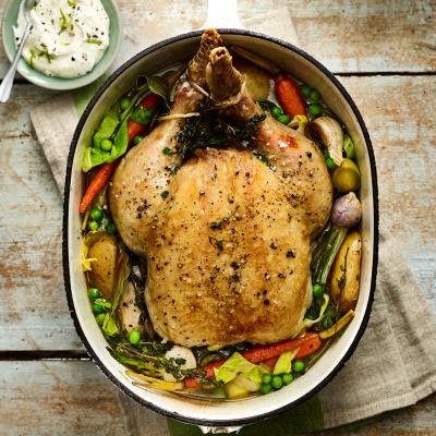 Scandi-style chicken with braised spring veg and horseradish cream