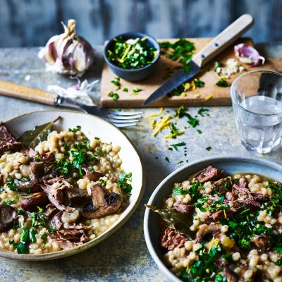 Beef and barley one-pot with zesty gremolata