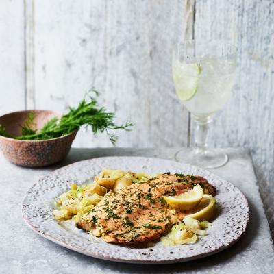 Dill mustard trout with smashed potatoes