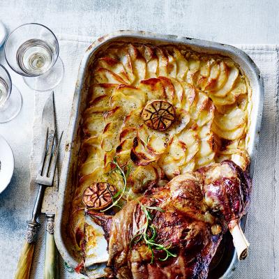 Slow-roasted shoulder of lamb and potatoes