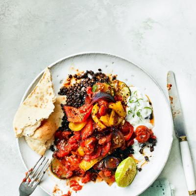 Spicy ratatouille with lentils and lime yogurt