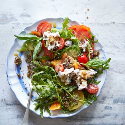 Tomato and burrata salad with olive crumb