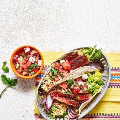 Steak tacos with feta and watermelon salsa