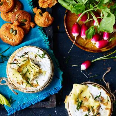 Baked Camembert with pumpkin dippers and crudités