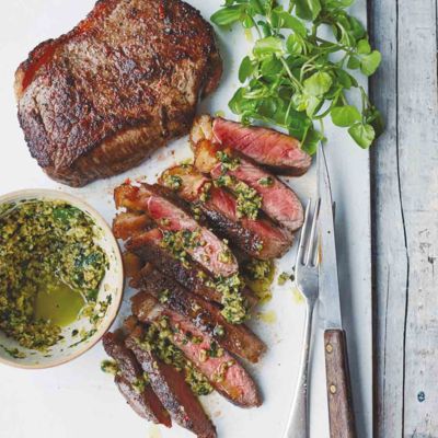 Steak with green olive tapenade and garlic mayo