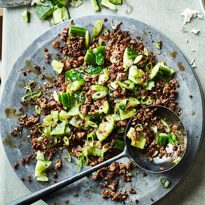 Smashed cucumber and pork Szechuan stir-fry