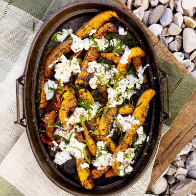 Sizzling squash with herby cucumber yogurt