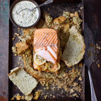 Salt-baked salmon with watercress sauce