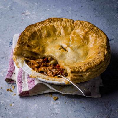Spanish chicken pie with chorizo and olives