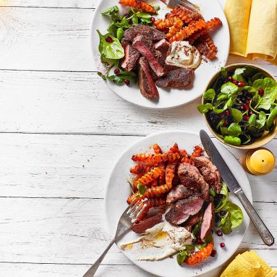 Spiced lamb steaks with squash chips