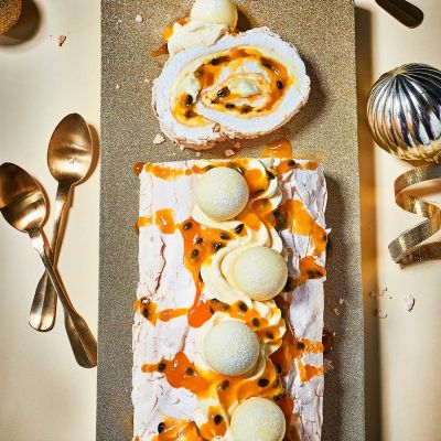 Lindor white choc-truffle and passionfruit roulade
