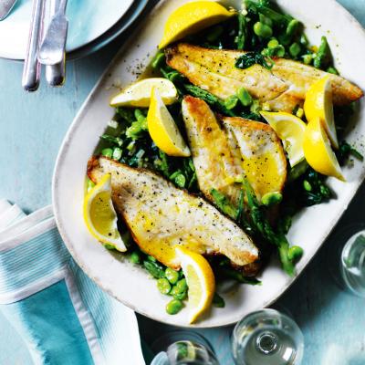 Sea bass with asparagus, broad beans and spinach