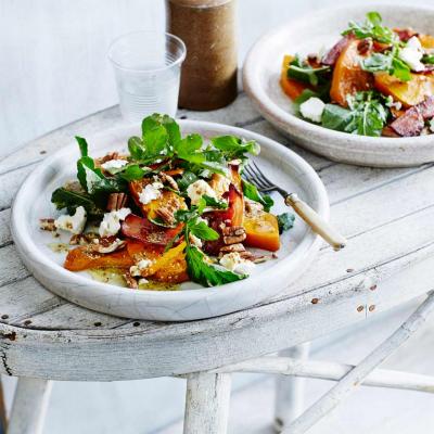 Maple roasted squash with bacon, feta and pecans