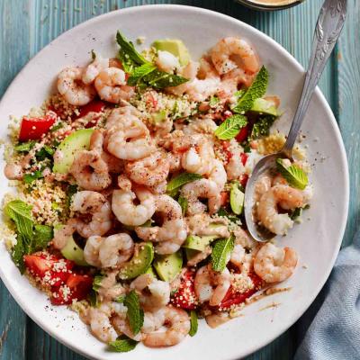 Prawn and avocado couscous with harissa yogurt