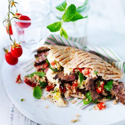 Griddled lamb, mint and tomato couscous wraps