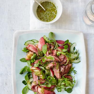 Warm beef, nectarine and rocket salad with Thai dressing