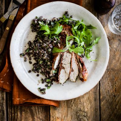 Parma ham-wrapped chicken with creamy lentils