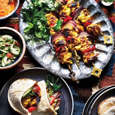 Turmeric and saffron chicken pitta with blackened chilli sauce