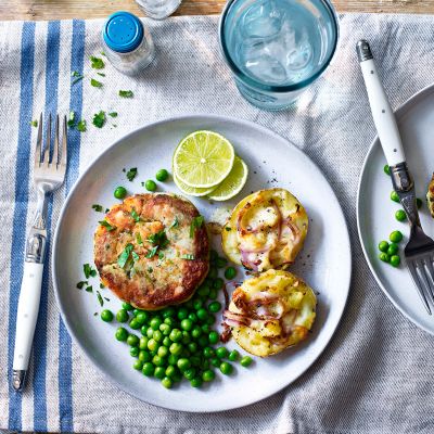 Thai salmon fishcakes with loaded potato skins