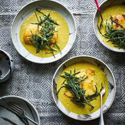 Hake with samphire and malai sauce