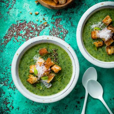 Leftover lettuce soup with croutons
