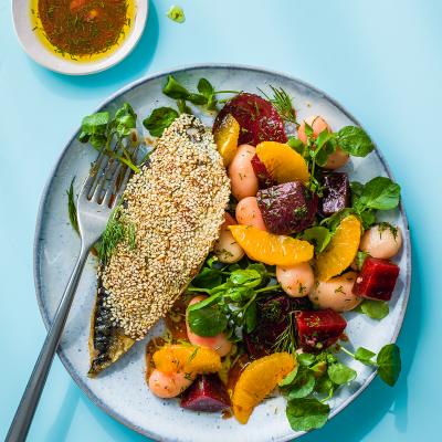 Sesame mackerel with orange and beetroot salad