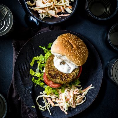 Falafel burgers with tahini coleslaw