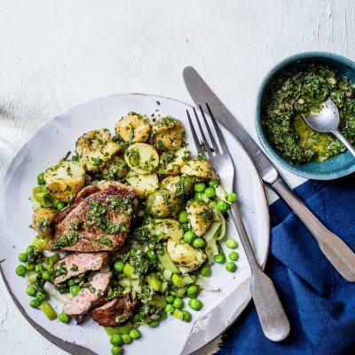 Minty salsa verde lamb with lemony potatoes and leeks